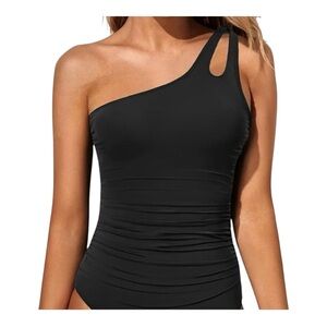 NWT HOLIPICK Black One-Shoulder tummy control Swimsuit, P:14”, L:28”, RT $36